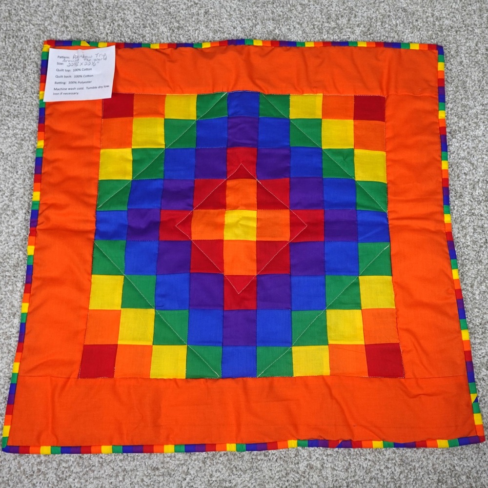 Handmade Rainbow Trip Around the World Patchwork Baby Quilt 22.5x22.5 Cotton